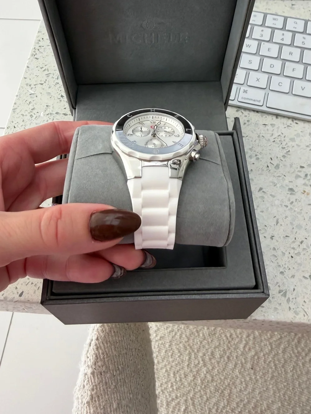 Michele White Chronograph Watch with Silver-Tone Case